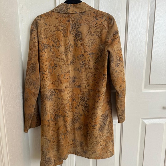 Coldwater Creek Vintage 100% Leather Floral Leopard Print Trench Coat Jacket L